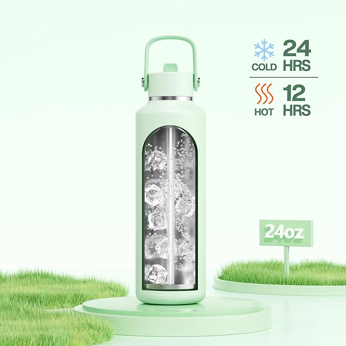 POWCAN 24 oz Double Walled Insulated Water Bottle with Straw: Leakproof, Cup Holder Friendly, BPA-free, Top Handle, Stainless Steel Water Bottle for Adult, Student, Nurse, Commuter, Bag (Mint Dew)