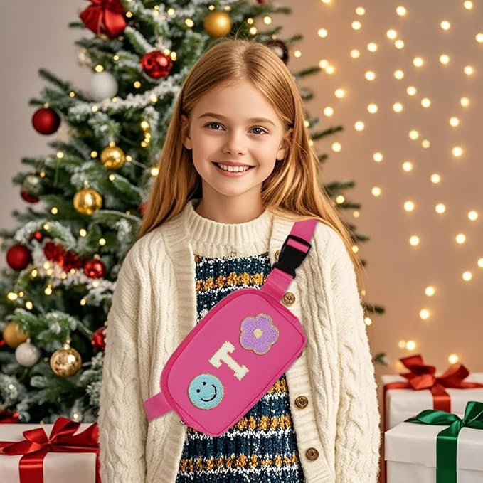 Fanny Pack for Girls Pink Kid Crossbody Bag Chenille T Letter Preppy Belt Bag, Christmas Birthday Easter Gifts for Teen Daughter Sister, Personalized Nylon Purse for 4 5 6 7 8 9 10 Year Old Girls