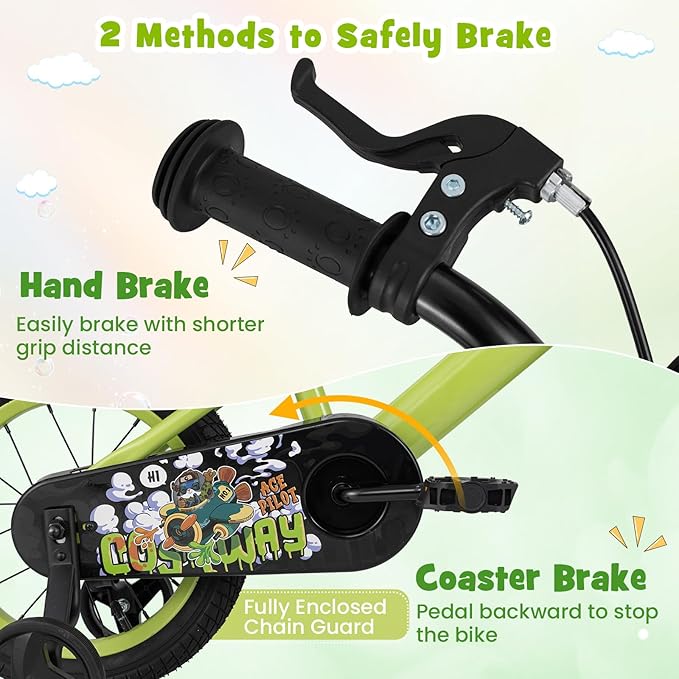 BABY JOY Rabbit Pilot Sporty Kids Bike, 12 14 16 18 Inch Child Bike for 3-8 Years Old with Adjustable Height, Training Wheels, Storage Basket, Handbrake & Coaster Brake, Kids Bicycle for Girls Boys