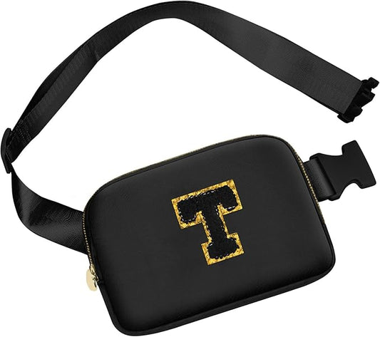 Birthday Gifts for 8 9 10 11 12 13 14 Year Old Girls, Personalized Crossbody Bags Fanny Pack with Initial Letter Patch, Mini Belt Bag for Teen Girls Cute Trendy Stuff Travel Essentials (Black,T)