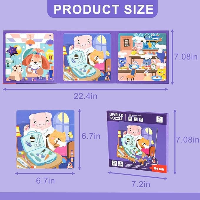 ASTARON Magnetic Puzzles for Toddlers, 12-16-25 Pieces Hairdresser/Doctor/Chef Learning Magnet Puzzles for Road Trip, Educational Travel Toys Car Plane Activities for Kids, Kids Birthday Gifts