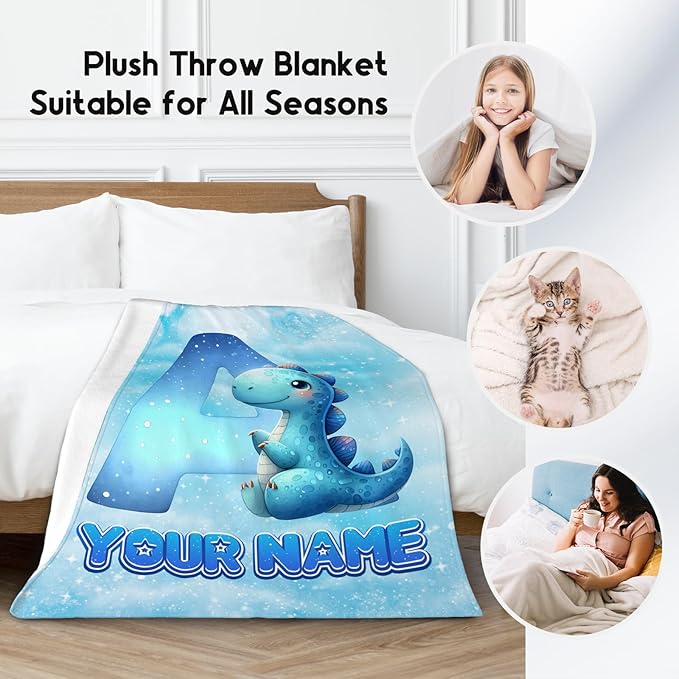 Dinosaur Blanket - Personalized Kids Blankets with Name for Boys Girls - Custom Monogram Gifts for Son Daughter - Lightweight Flannel Throws - 4 Sizes for Toddler/Children/Teens/Adults