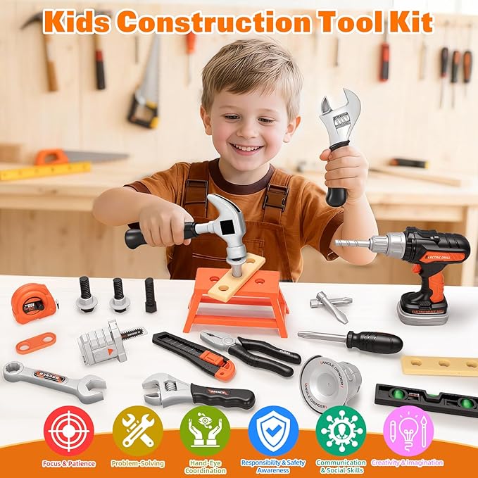 50PCS Kids Tool Set for Boys Ages 3 4 5 6 Years Old - Pretend Play Construction Tool Kits with Portable Tool Bag & Electronic Toy Drill, Toddler Tool Set, Christmas & Birthday Gifts for Boys