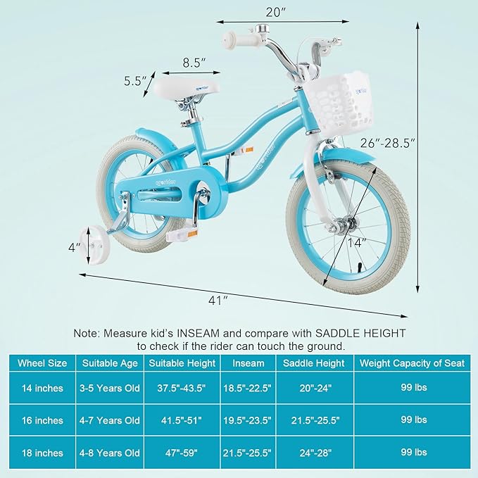 BABY JOY Kids Bike, 12 14 16 18 20 Inch Boys Girls Bike w/Adjustable Seat, Removable Basket, Handbrake & Coaster Brake, Training Wheels or Kickstand, Kids Bicycle with Multi-Color
