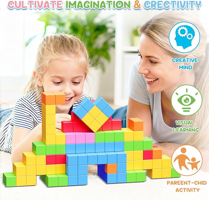 100PCS Magnetic Blocks, Color Magnetic Square for Kids Ages 3+ Boys and Girls, Magnet Blocks STEM Sensory Educational Christmas Birthday Gifts Construction Toys