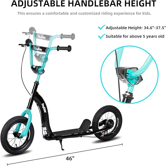 JOYSTAR Kick Scooter for Kids 5+ Teens & Youth, Lightweight Kids Scooter with Adjustable Handlebar, 2 Wheel Scooter for Boys & Girls, 12" Inflatable Wheels Rear Drum Brakes