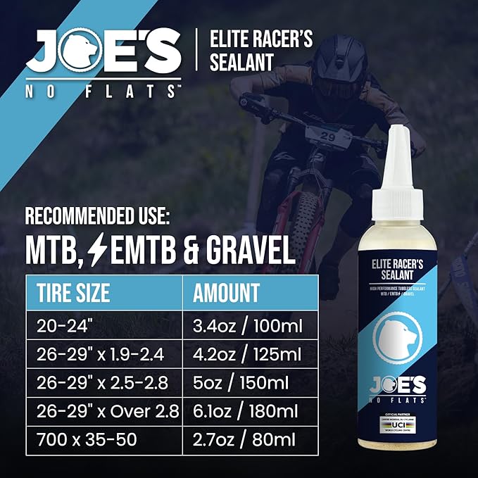 JOE'S NO FLATS Elite Racer's Sealant - Gravel and MTB Bike Tires - Ultra-Fast Sealing for Tubeless and Inner Tubes | for Holes up to 0.25 Inches | Ready to Use Effective Puncture Seal, 16.9oz