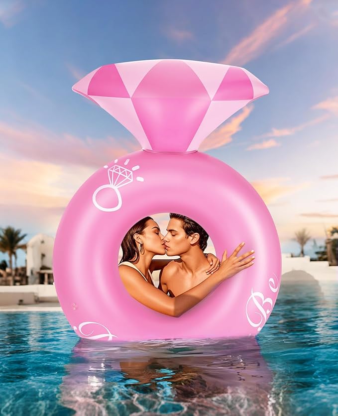 HeySplash Pool Floats, Inflatable Diamond Ring Pool Float, Large Engagement Ring Floatie for Bachelorette Party, Swim Tube River Lake Wedding Bride Stagette Decor Fun Toy Raft for Adults, Pink