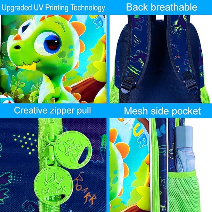16" Dinosaur Backpack, 3Pcs Boy Bookbag for Elementary Preschool Kindergarten, Kids School Backpacks with Lunch Box (Green)