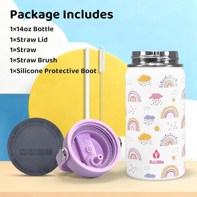 14 oz Rainbow Kids Water Bottle With Straw Lid,Stainless Steel Travel Bottle,Double Wall Leak Proof Kids Cup,Insulated Tumbler for Toddlers,Metal Bottle for School Boys Girls