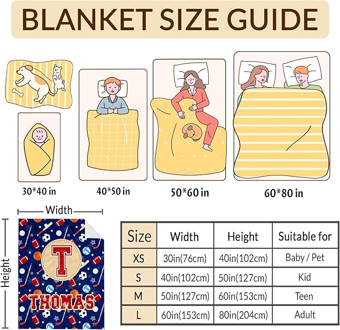 Sport Blanket Gifts for Kids Toddler Teens Sports Lovers, Personalized Throw Blanket with Name Initial Letter for Boys, Custom Soft Fuzzy Blankets for Bed Couch Sofa Decor