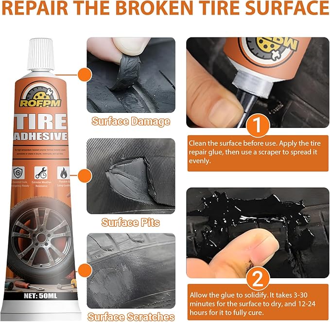 Tire Repair Glue Kit - 3.38 floz Rubber Cement Tire Repair Adhesive Black for Tire Sidewall, Car, Motorcycle, Bike, Jeep, Truck (50ml*2