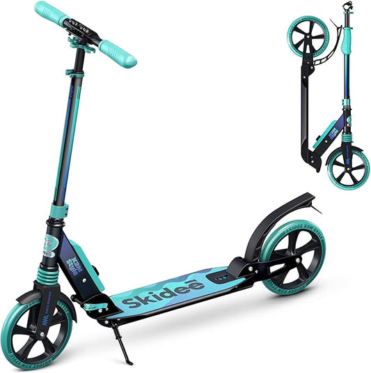 Skidee Adult & Teen Scooter Adjustable Height, Folding, Large Wheels, Lightweight, Durable, Anti-Shock Suspension, Up to 220 lbs
