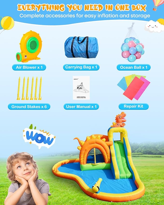 Dinosaur Inflatable Water Slide Park - 7 in 1 Bounce House with Slide, Jump Area, Splash Pool, Climbing Wall & Basketball Hoop | 480W Blower Included | Indoor/Outdoor Backyard Play for Kids 3-10