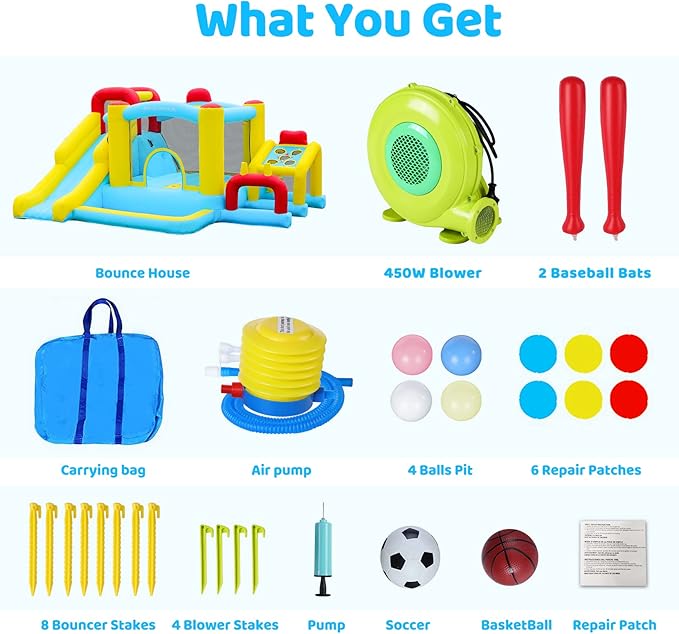 ELEMARA Inflatable Bounce House, 7 in 1 Kids Bounce House with Slide, Bouncy House with Blower, Jumping Area,Baseball/Soccer Area,Basketball Hoop,Climbing Wall, Jumping Castle for Indoor Outdoor