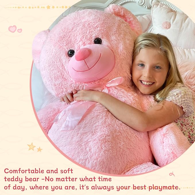 MorisMos 47inch Giant Teddy Bear Stuffed Animal 4ft, Big Teddy Bear Plush for Baby Shower, Cuddly Large Stuffed Bear Gifts for Kids, Girls, Girlfriend, Women on Valentine, Christmas, Birthday（Pink）