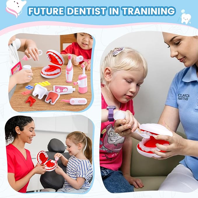 Dentist Play Set for Kids Ages 3-8, 26PCS Realistic Pretend Dental Toy Kit with Teeth Cleaning Tools, Doctor Costume & Learning Guide. STEM Educational Toys, Toddler Medical Kit for Boys & Girls Gifts