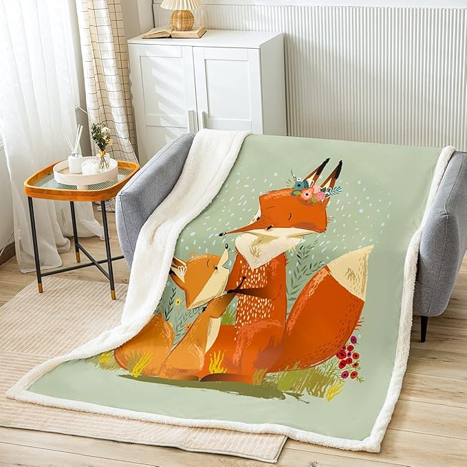 Kids Fox Print Plush Blanket Cartoon Fox Fleece Throw Blanket 3D Animal Theme Sherpa Blanket for Boys Girls Floral Woodland Fox Fuzzy Blanket Nature Theme Bed Couch Chair Room Decor Throw 50x60 Inch