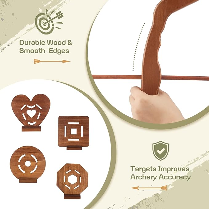 Kids Bow and Arrow Set - Wooden Bow Archery Toy in Camouflage for Ages 3+ with 6 Arrows, 4 Targets, Leather Quiver & Brooch | Indoor/Outdoor Kids Toys for Boys & Girls