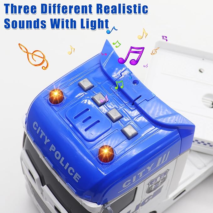 Large Police Car Toy for Kids Boys - 25'' Semi Truck Toy with Racing Car and Helicopter - Police Toys Birthday Gift for Kids Toddlers 3 4 5 6 Year Old, Play Vehicles with Light and Sound