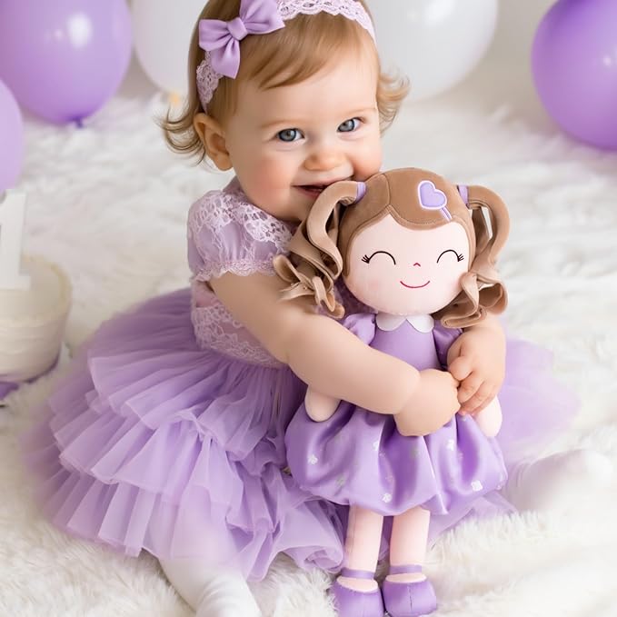 Gloveleya Baby Doll Gifts Plush Curly Girl Toys with Love Purple Light Skin