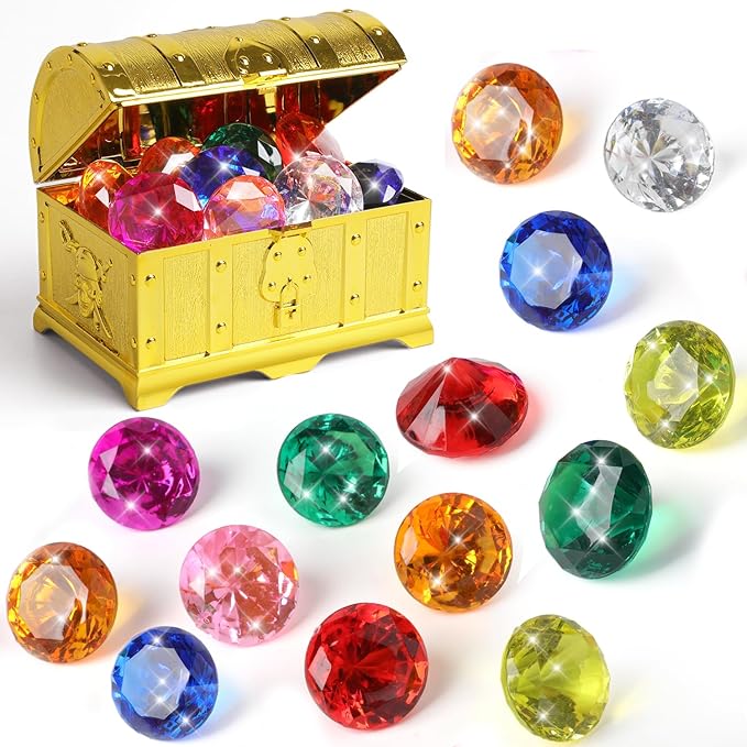 Diving Gems Pool Toys for Kids with Treasure Pirate 16PCS Big Colorful Diamond Jewels, Treasure Chest Dive Pool Gems Toy for Diving Underwater Swimming, Beach, Kids Party Favors Decors.