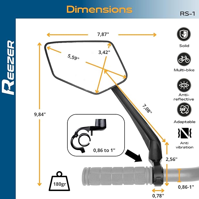 REEZER RS1 - Handlebar Bike mirror, 360° rotatable & foldable, large field of vision, Bicycle rearview mirrors, 0,86" to 1", Reflective RIGHT