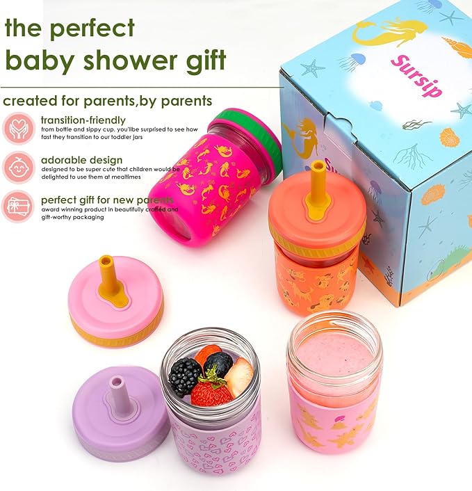 Sursip Toddler Glass Cups with Straw, Spill-Proof Kids Mason Jar Food Storage with Lids, Sippy Cups for Drinks, Smoothies, Snacks, Milk Cup [4 Pack] 8 oz 2-in-1