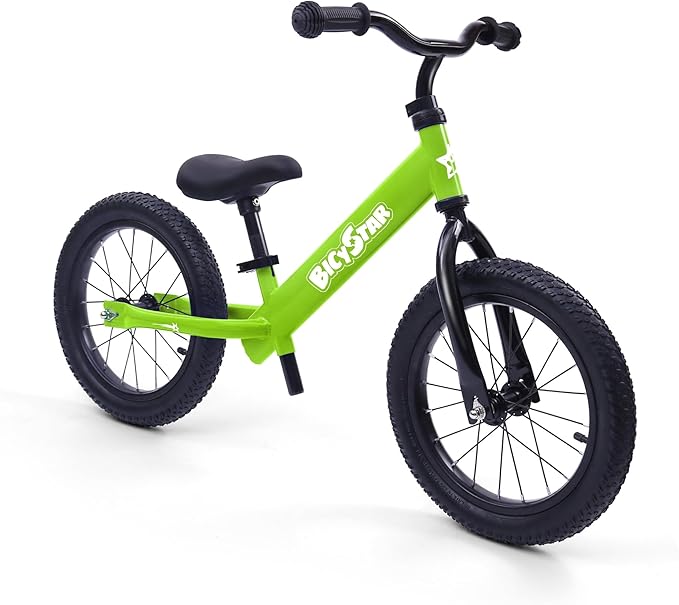14 Inch Balance Bike for Kids 3-6 Year Old, No Pedals, Air Rubber Tires, Adjustable Height, Pedalless Bicycle for Boys, Girls, Green