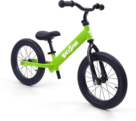 14 Inch Balance Bike for Kids 3-6 Year Old, No Pedals, Air Rubber Tires, Adjustable Height, Pedalless Bicycle for Boys, Girls, Green