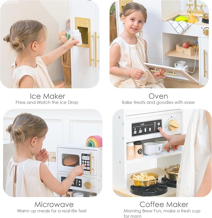 Wooden Play Kitchen Set - Realistic Pretend Play Kitchen with Stove, Sink, Coffee Maker & 11 Fun Accessories | Montessori Toy Kitchen for Toddlers Ages 3+