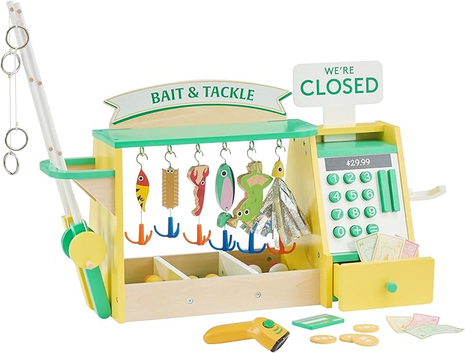 Teamson Kids Fishing Shop Playset with Cash Register & Scanner, Wooden Role Play Counter for Toddlers, Pretend Market Toy with Fish & Accessories, STEM Gift for Ages 3+