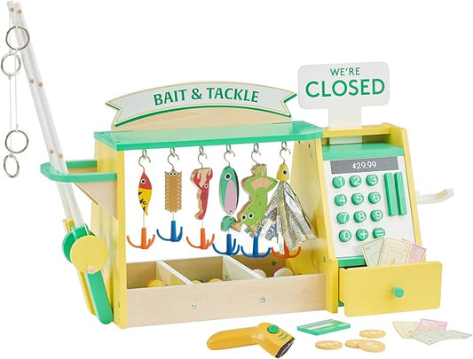 Teamson Kids Fishing Shop Playset with Cash Register & Scanner, Wooden Role Play Counter for Toddlers, Pretend Market Toy with Fish & Accessories, STEM Gift for Ages 3+