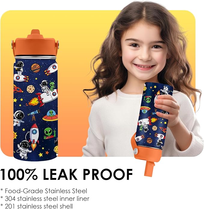 Space Astronomy Gifts for Kids - 16 Oz Kids Water Bottle with Straw Lid, Stainless Steel Insulated Tumbler, Leak Proof, BPA-Free, for Boys, School, Travel - Universe Children Birthday Gifts Cups(1pc)