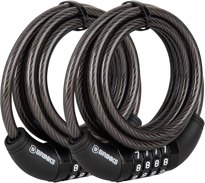 BRINKS 6 ft Outdoor Bike Lock Cable 2 Pack, Thick, Anti Theft Self-Coiling Design, Resettable 4-Dial Combination, Heavy-Duty Steel, 5/16" Weather-Resistant Vinyl Coating for Bikes