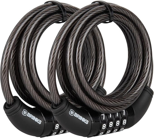 BRINKS 6 ft Outdoor Bike Lock Cable 2 Pack, Thick, Anti Theft Self-Coiling Design, Resettable 4-Dial Combination, Heavy-Duty Steel, 5/16" Weather-Resistant Vinyl Coating for Bikes