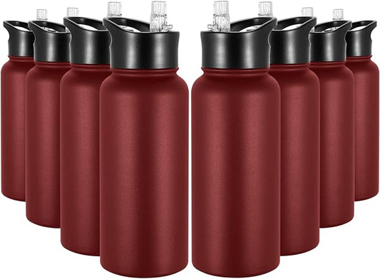 32 oz Insulated Water Bottle Bulk 8 Pack, Stainless Steel Sports Water Bottles with Straw Lid & Wide Mouth Lids, Double Walled Vacuum, Leak Proof, Red