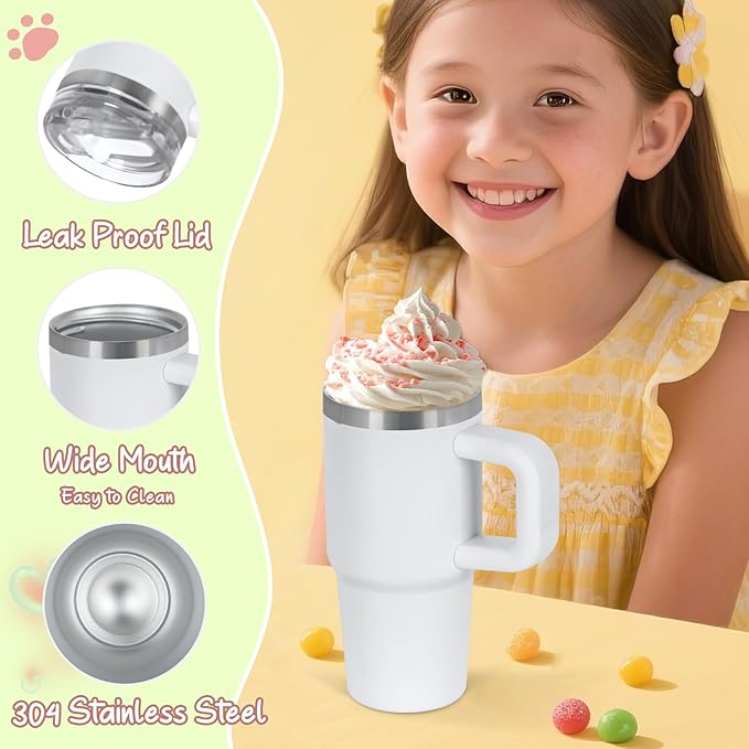 Cosictic 14 Oz Flip Straw Tumbler with Handle for Kids, Stainless Steel Double Wall Insulated Cup for Children with Flip Top Lid, 14 Oz Leak-proof Cups for Kids, White