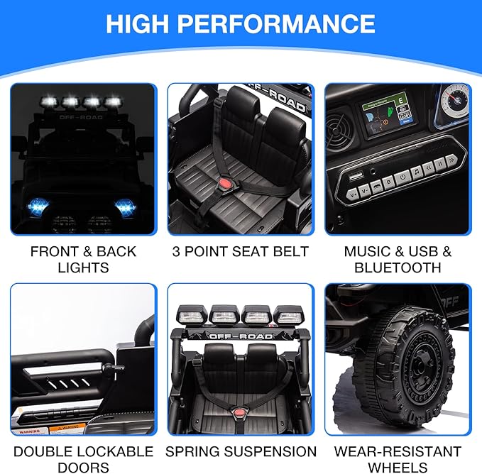 Ride On Truck Car 12V, Electric Vehicle w/Remote Control, 3 Speeds, LED Lights, Music, Spring Suspension, Ride on Car for Kids