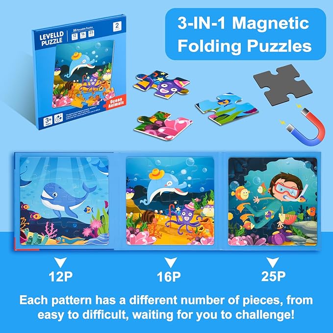 ASTARON Magnetic Puzzles for Toddlers, 12-16-25 Pieces Ocean Learning Magnet Puzzles for Road Trip, Educational Travel Toys Car Plane Activities for Kids, Kids Birthday Gifts