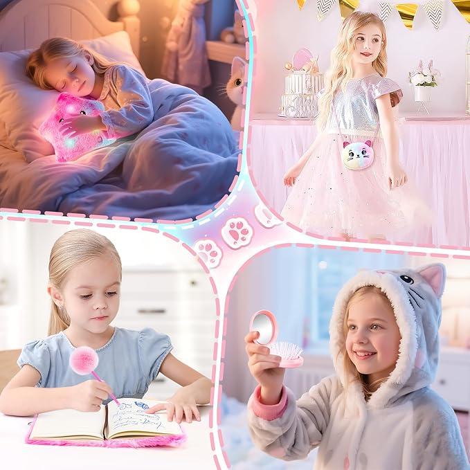 13PCS Unicorn Cat Toys Gifts for Girls 4-6 7 8 9 10 Years Old, Girls Birthday Gifts Set with Light Up Star Pillow DIY Water Bottle Kits, for Daughter Niece Christmas Birthday Baskets for Kids