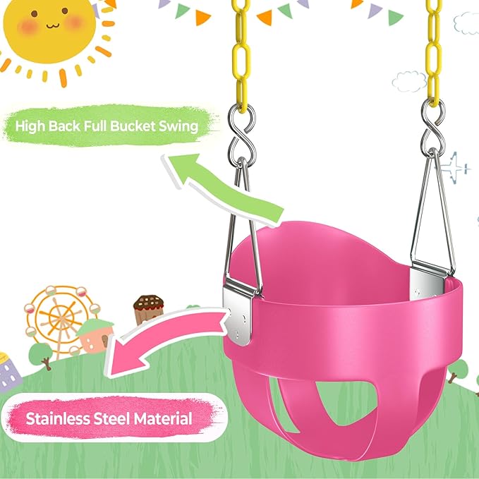 AGPTEK High Back Full Bucket Toddler Swing Seat with Yellow Coated Swing Chains and Carabiners Baby Swing Outdoor for Easy Install (Pink)