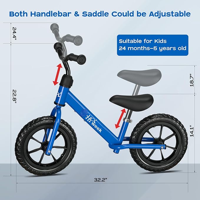 Toddler Balance Bike 12” No Pedal Training Bicycle for Kids 24 Months to 5 Years Tool-Free Adjustments Seat and Handlebar Best Gift for 2 3 4 5 Boys Girls