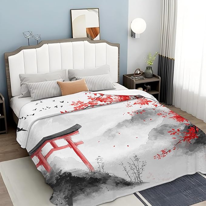 Japanese Samurai Blanket for Women Mens, Japanese Cherry Blossom Fleece Blanket Gifts for Boys Girls, Warm Cozy Soft Flannel Stuff for Bed Sofa Couch 50" x 40"