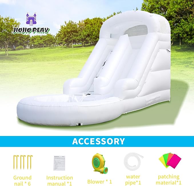 16FT White Inflatable Water Slide 100% Thickened PVC Swimming Pool Tool Heavy-Duty Outdoor Swimming Pool Party Entertainment Equipment with Slide and Reservoir (Equipped with Air Pump and Water Pipe)