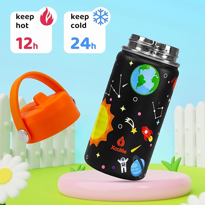 Kids Water Bottle With Straw Lid,2 PACK 14 oz Stainless Steel Travel Bottle,Double Wall Leak Proof Kids Cup,Insulated Tumbler for Toddlers,Metal Bottle for School Boys Girls((Space+Dinosaur)