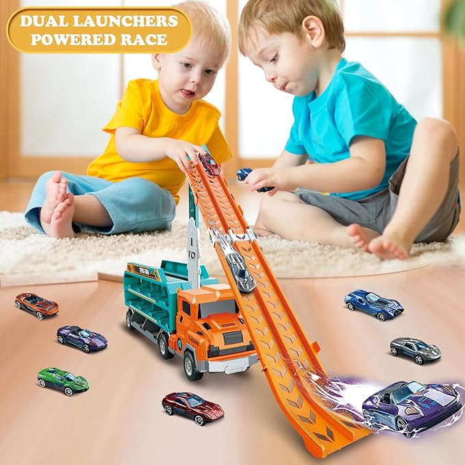 Toddler Car Truck Toys,Car Carrier Truck Toy for Kids Age 3-5 4-8,Foldable Car Track Sets with 2.8-Ft Race Track and 6 Die-Cast Race Cars, Truck Toys Gifts for 3 4 5 6 7 8+ Year Old Boys Girls(orange)