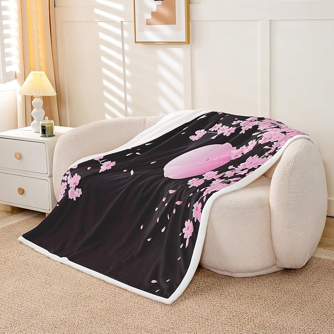 Cherry Blossoms Sherpa Plush Blanket - Pink Moon Flowers Fleece Throw for Kids & Adults - Ultra Soft Black - Queen 90x90 Inch