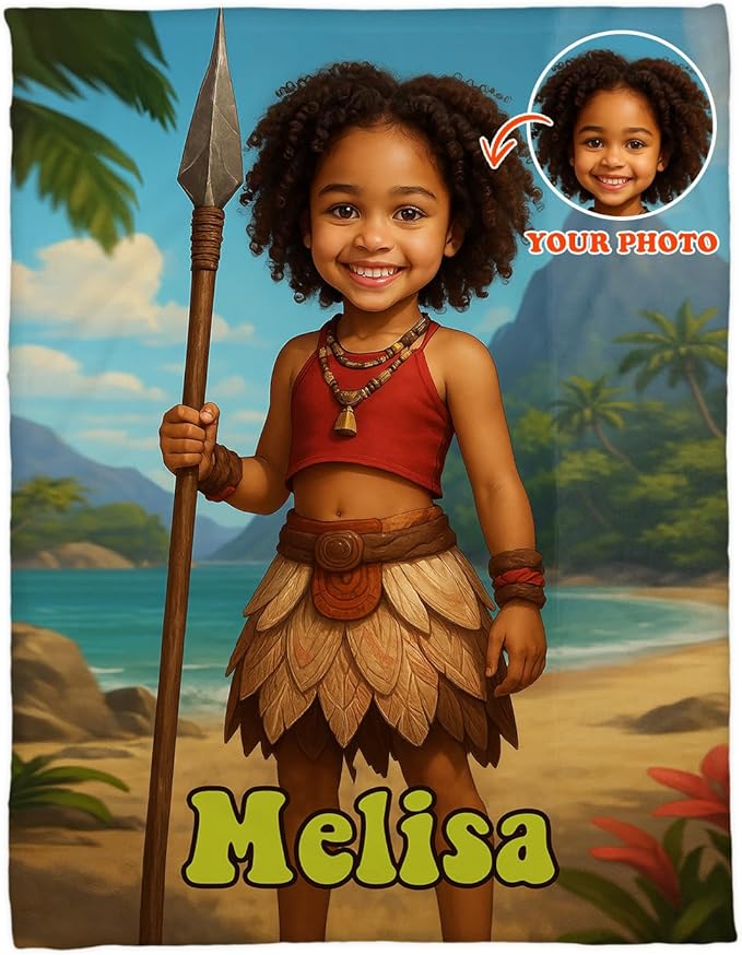 Personalized Adventure Baby Blanket, Kids Cartoon Beach Theme, Custom Photo Blanket with Name, Unique Gift for Baby Girl, Soft Fleece Throw Blanket