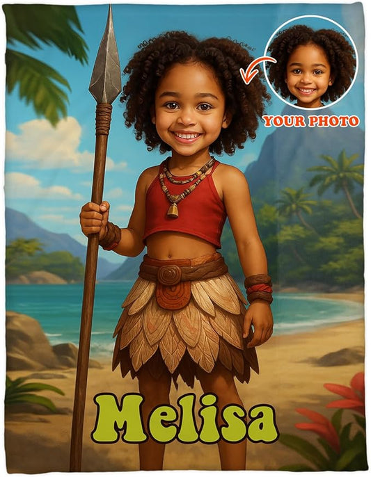 Personalized Adventure Baby Blanket, Kids Cartoon Beach Theme, Custom Photo Blanket with Name, Unique Gift for Baby Girl, Soft Fleece Throw Blanket